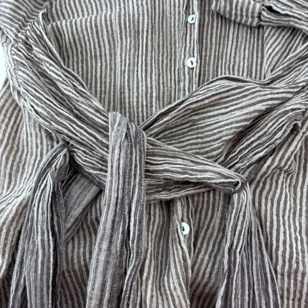 Free People FP One Button Down Shirt Womens XS Brown Striped Tie Waist Boho Top
